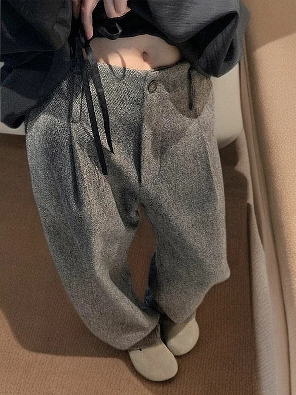 Women's Gray Wool-Blend Wide-Leg Pants 2025 Winter Plus Size High Waist Relaxed Casual Trousers