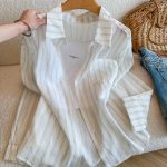 Summer Korean Style Light Purple Striped Shirt Women Loose Breathable Sun Protection Blouse - Style 7b04d3