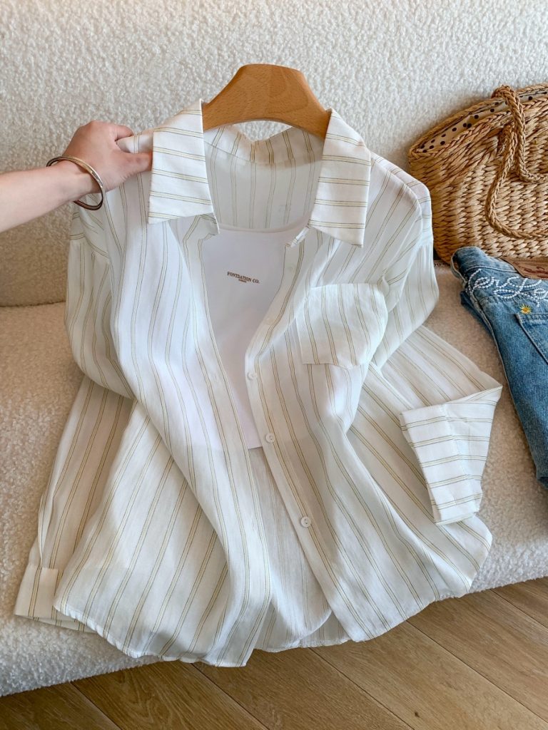 Summer Korean Style Light Purple Striped Shirt Women Loose Breathable Sun Protection Blouse - Style 7b04d3