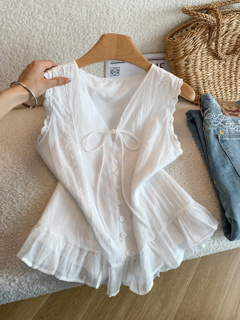 Women's Summer V-Neck Lace Spliced Tie-Front Doll Shirt - Style 2bac85