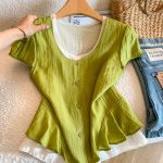 Women's V-Neck Short Sleeve Ruffle Shirt Summer Loose Fit Top