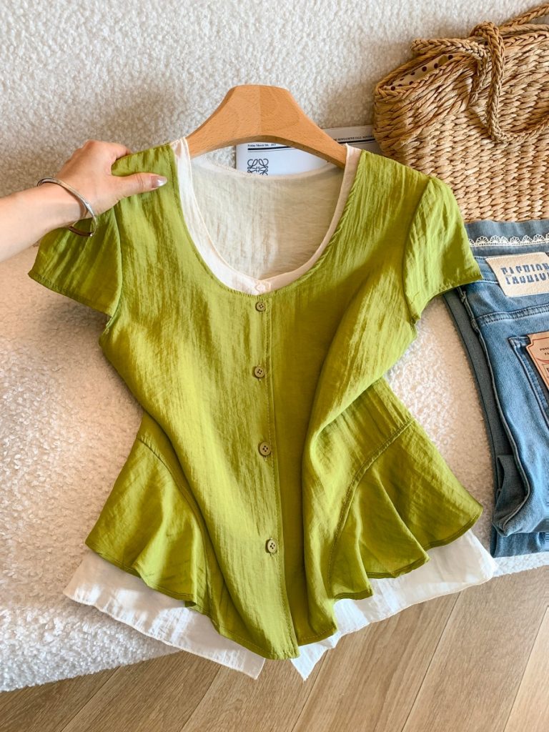 Women's V-Neck Short Sleeve Ruffle Shirt Summer Loose Fit Top