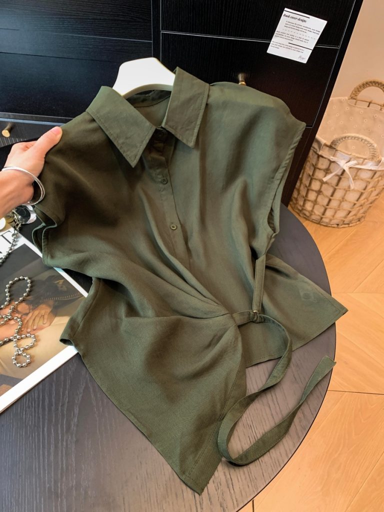 Women's Korean Style Irregular Waist Tie Short Sleeve Shirt