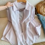 Lightweight Solid Sun Protection Summer Shirt Long Sleeve Loose Elegant Versatile Top with Striped Vest