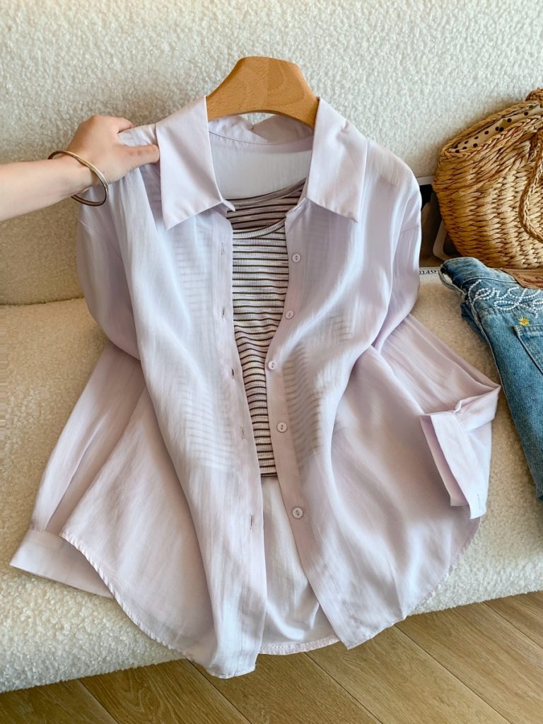 Lightweight Solid Sun Protection Summer Shirt Long Sleeve Loose Elegant Versatile Top with Striped Vest