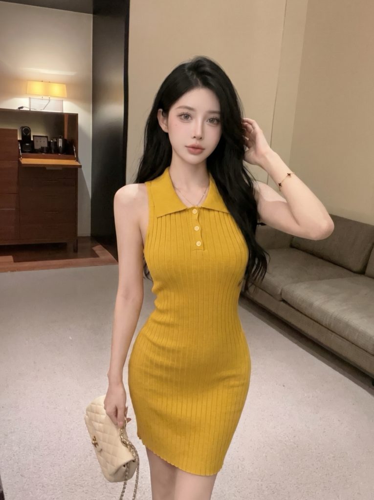 Women's Lapel Knit Cami Bodycon Mini Dress