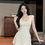 Women Summer Sleeveless A-Line Knit Dress with U-Neck and Cinched Waist