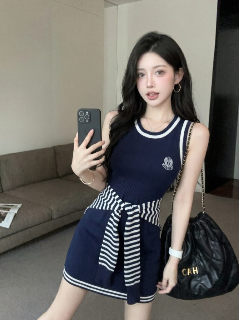 Korean Preppy Knit Cami Dress Set Women Summer Striped Bodycon Short Dress with Waist Tie