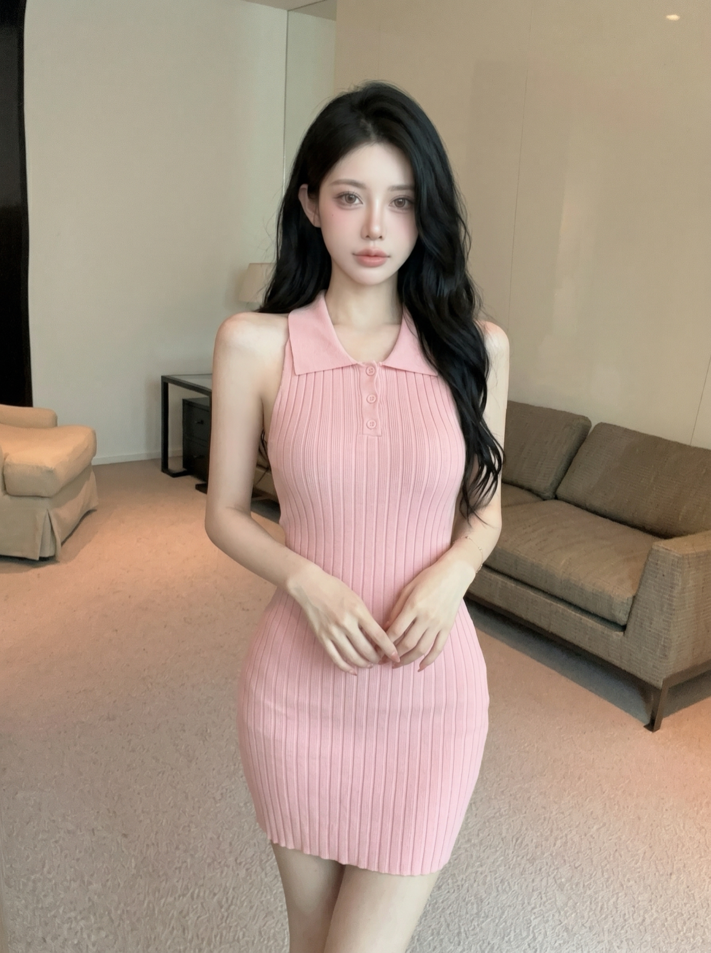 Women's Lapel Knit Cami Bodycon Mini Dress - Image 2