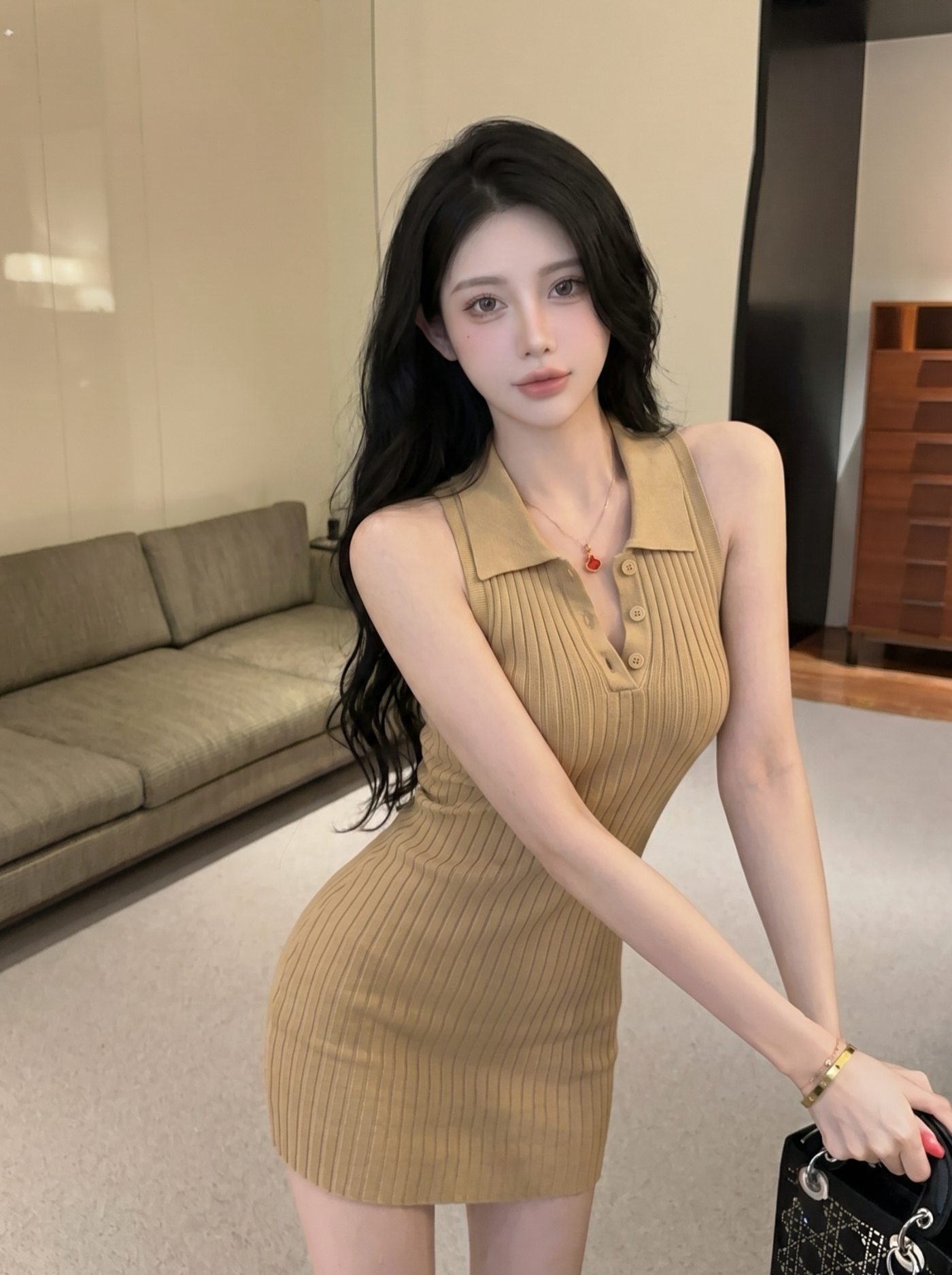 Women's Lapel Knit Cami Bodycon Mini Dress - Image 3