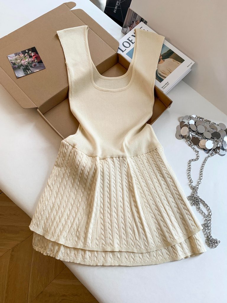 French Style Square Neck Knit Dress Women Summer Slimming Layered Cake Mini Dress