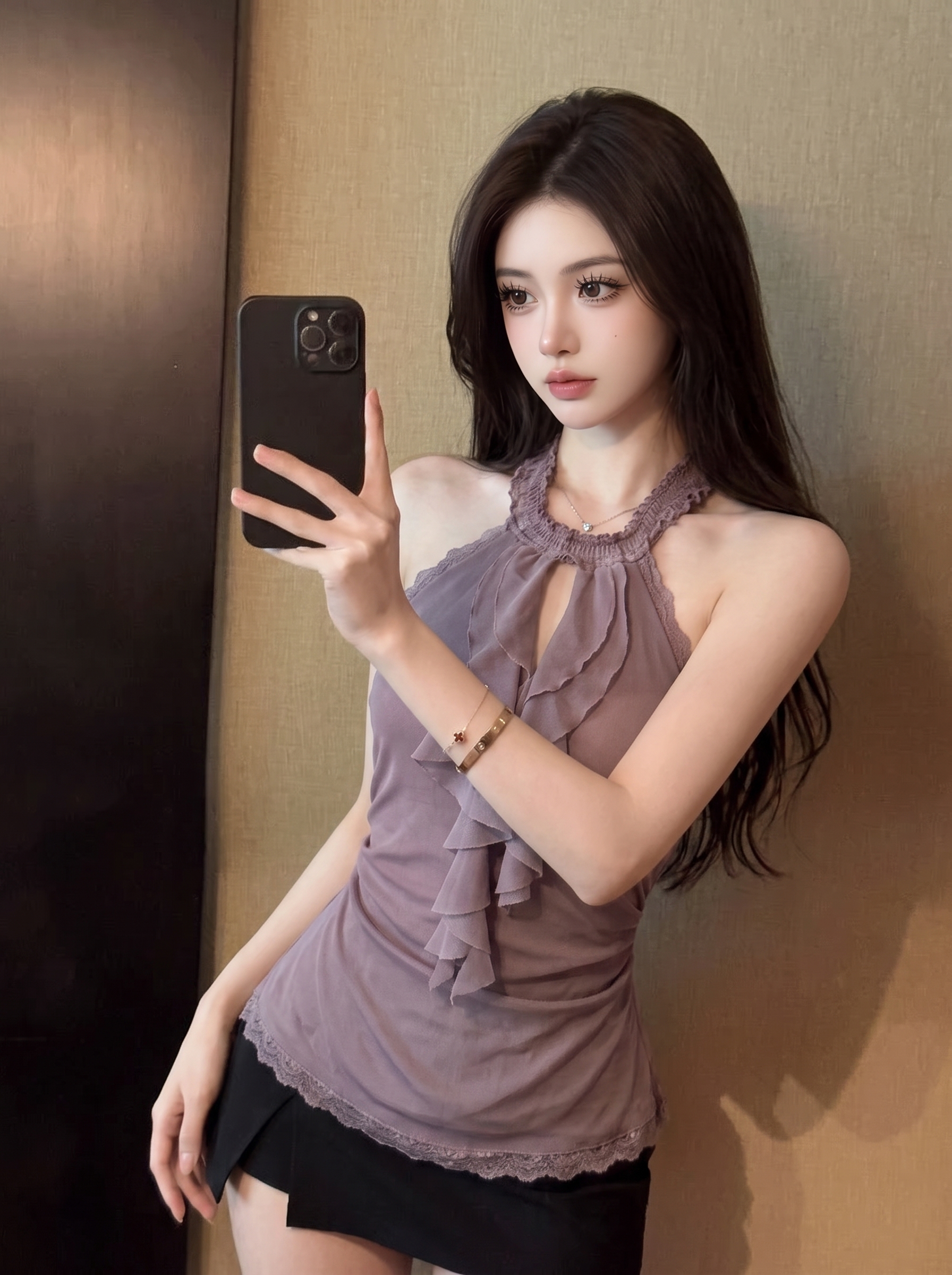 Women's Halter Ruffle Sleeveless Mesh Tank Top Slim Fit Solid Pullover - Image 3