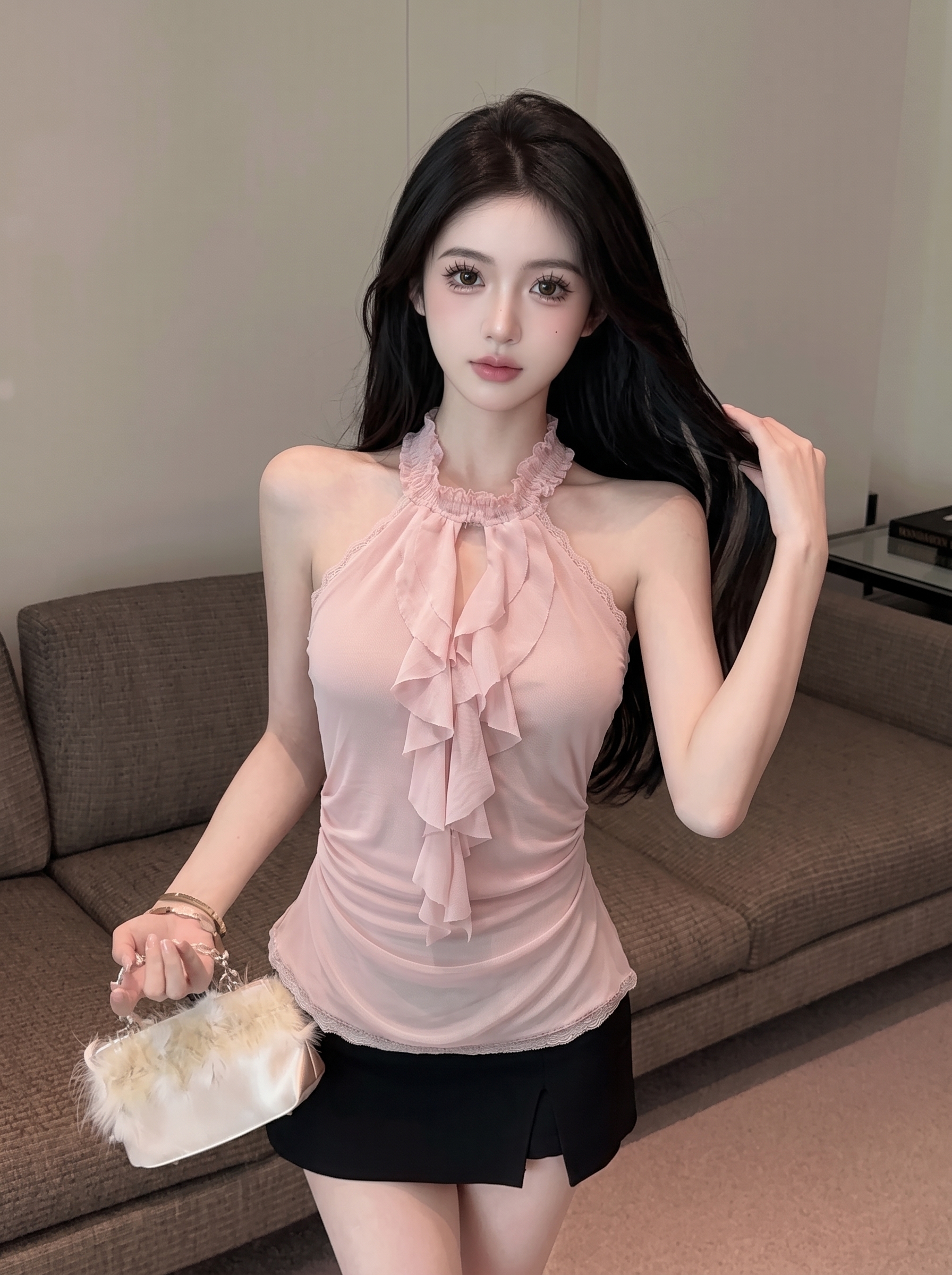 Women's Halter Ruffle Sleeveless Mesh Tank Top Slim Fit Solid Pullover - Image 4