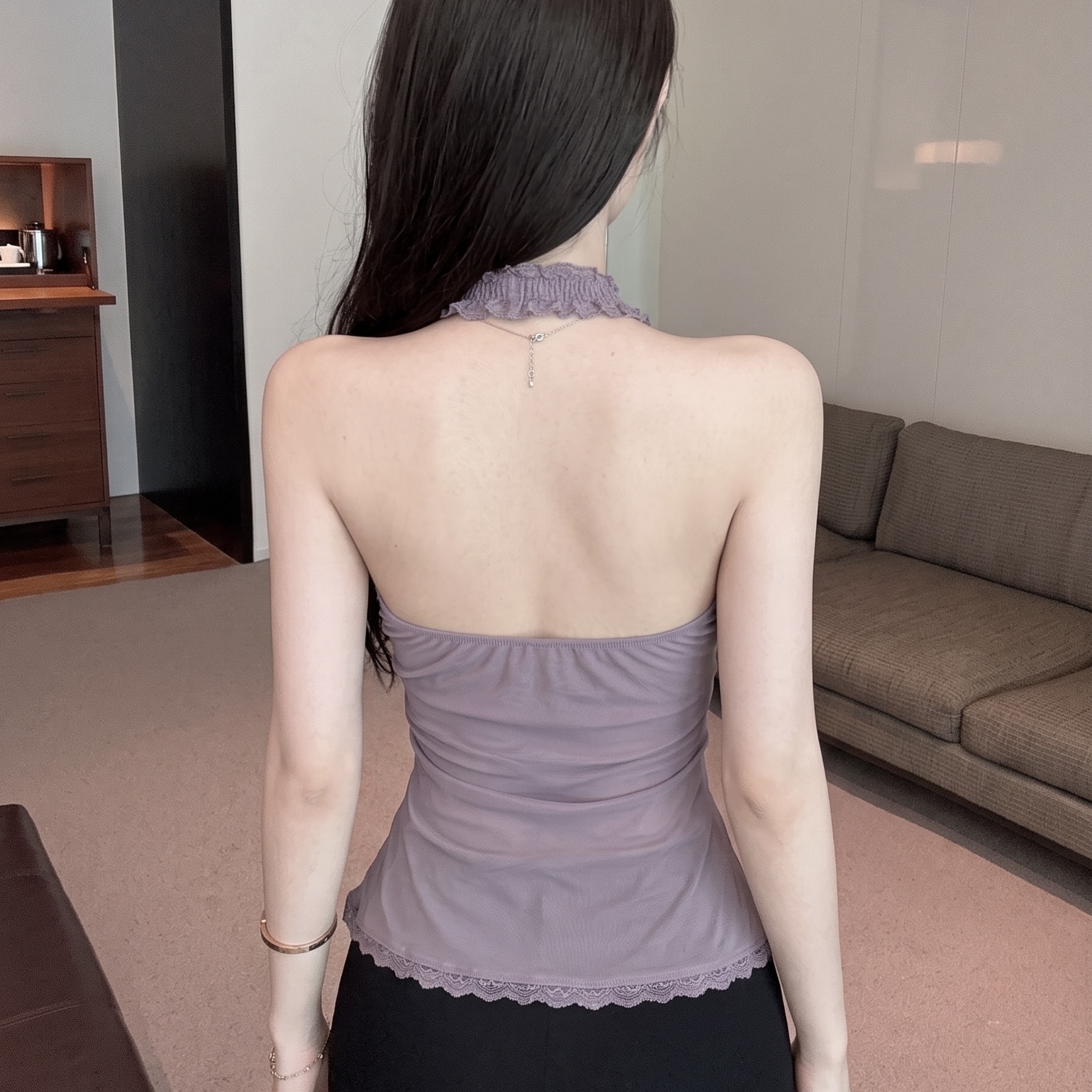 Women's Halter Ruffle Sleeveless Mesh Tank Top Slim Fit Solid Pullover - Image 5