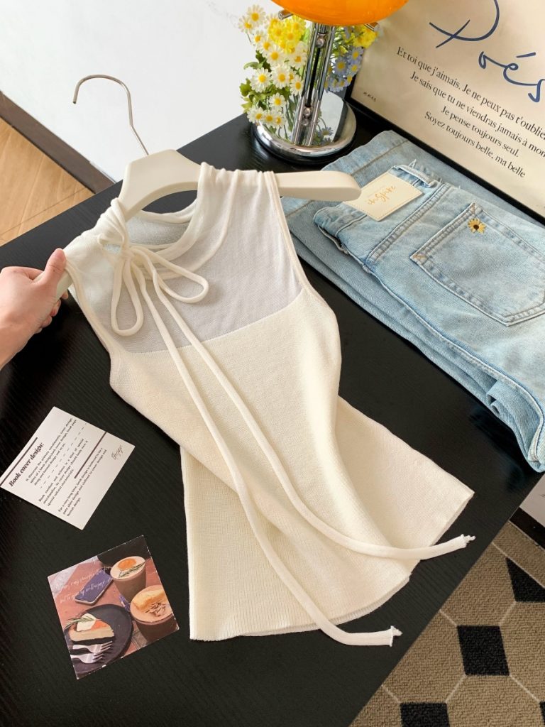 Women's Sleeveless Tie-Front Round Neck Cami Top Summer Patchwork Design Breathable Slimming Sexy Vest