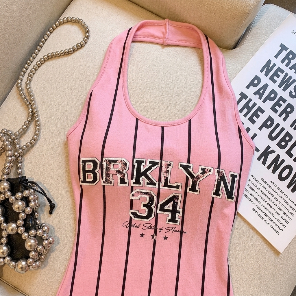 Letter Print Striped Halter Cami Top with Padded Bra Women Summer 2026 - Image 4