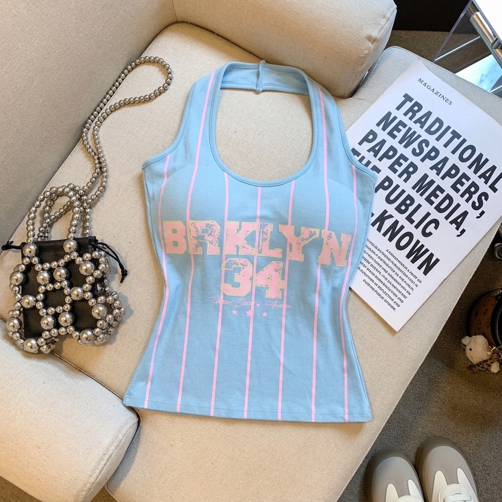 Letter Print Striped Halter Cami Top with Padded Bra Women Summer 2026 - Image 3