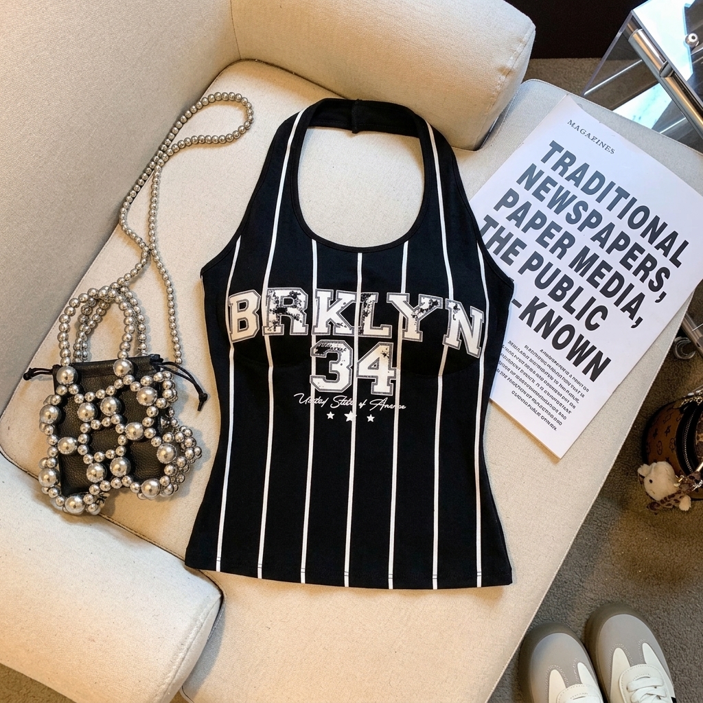 Letter Print Striped Halter Cami Top with Padded Bra Women Summer 2026 - Image 5