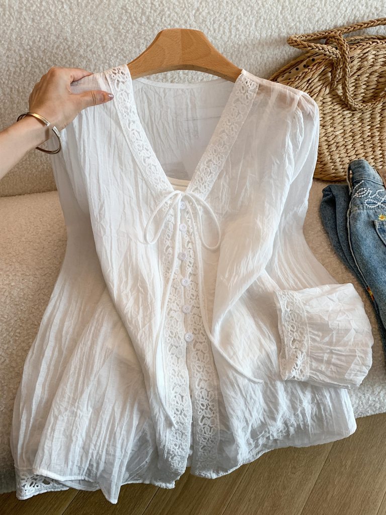 French Embroidered Cutout White Shirt Women Summer Lace-Up Lightweight Vest Two-Piece Sun Protection Top
