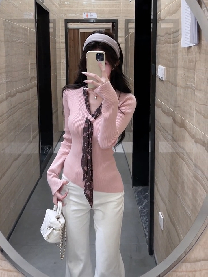 Lola V-Neck Polka Dot Ribbon Knit Sweater for Women Korean Style Fall Winter - Style 6a0f85